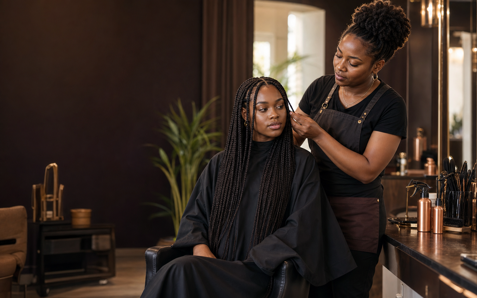 Stylist finishing long knotless braids in a warm salon